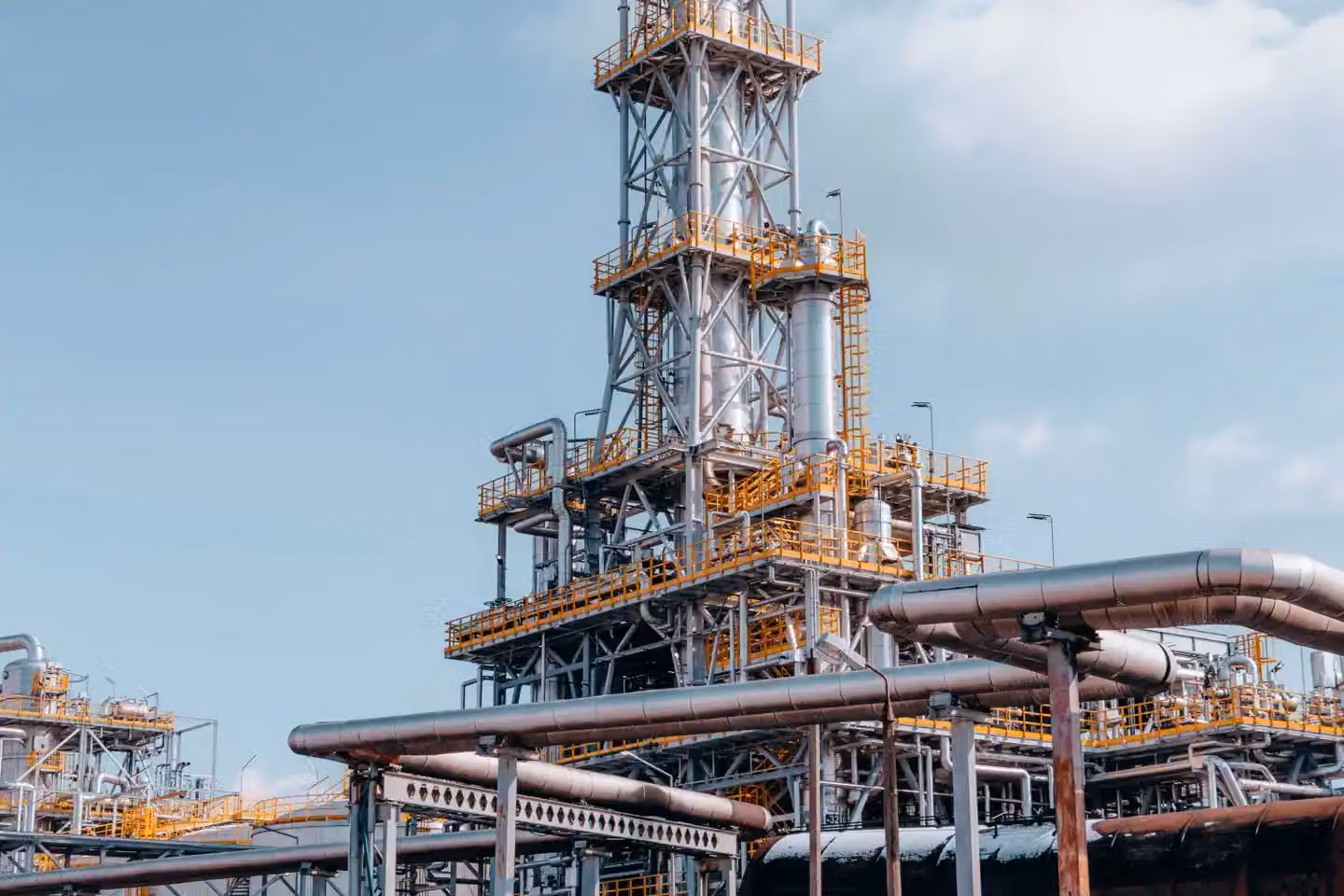 View of a large oil refinery plant with intricate pipelines in Trzebinia, Poland.