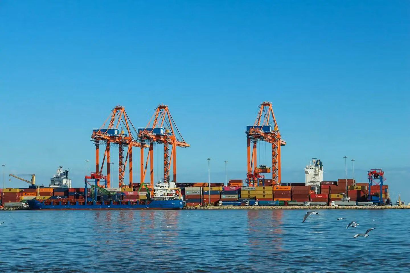 Colorful container port with large cranes and ships against a clear blue sky.